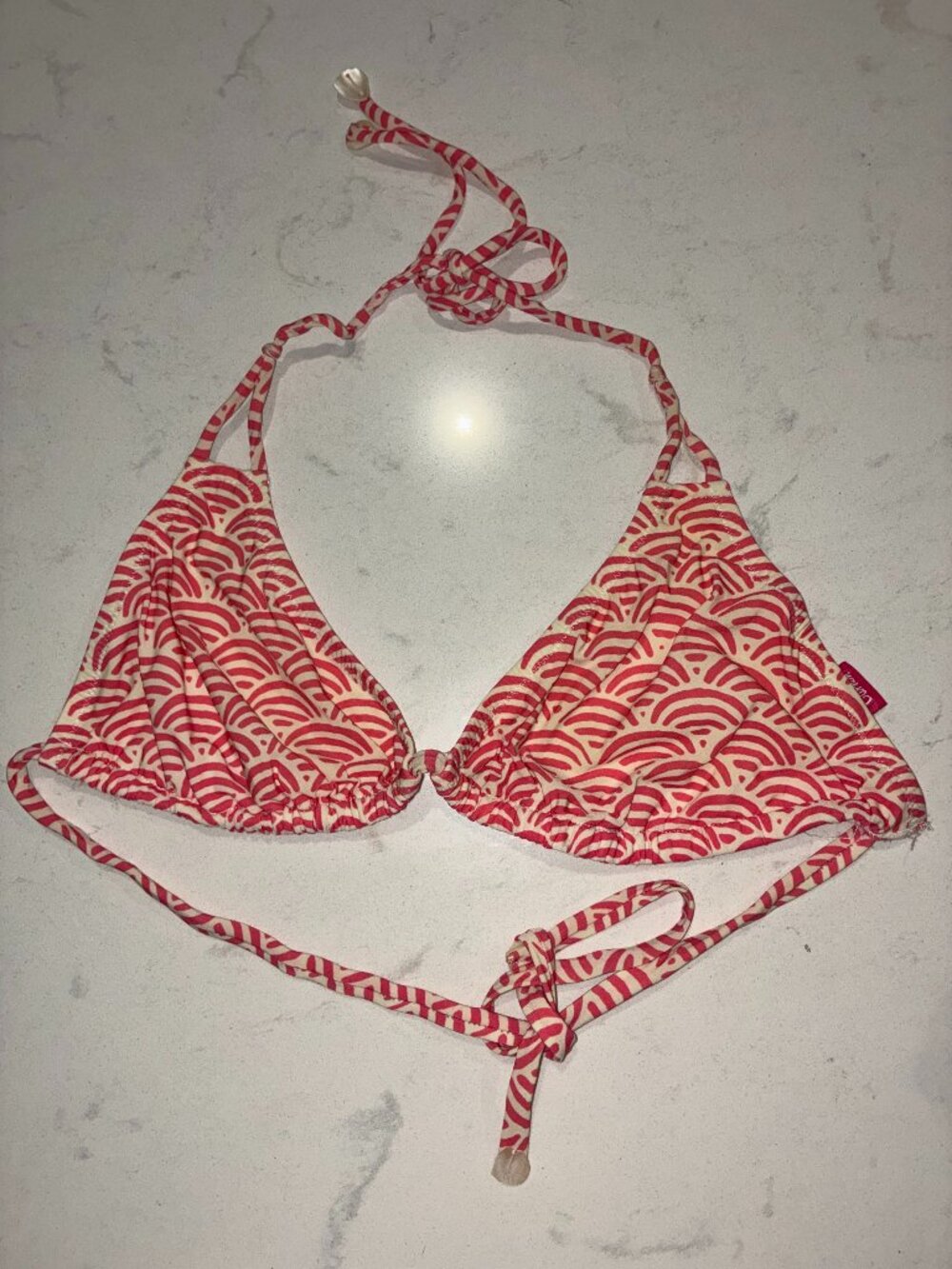 Lisa Curran Bikini Top Women’s Large Pink Cream Print Halter Tie Swimwear